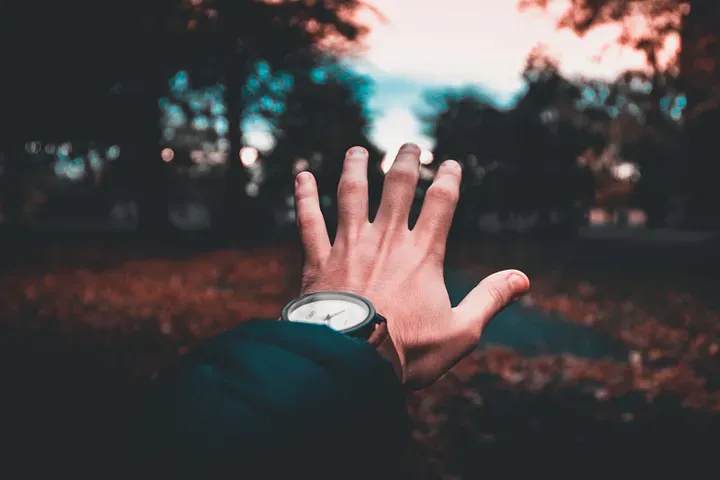 A hand with an analog wristwatch graspingtowards what are trees in the distance.